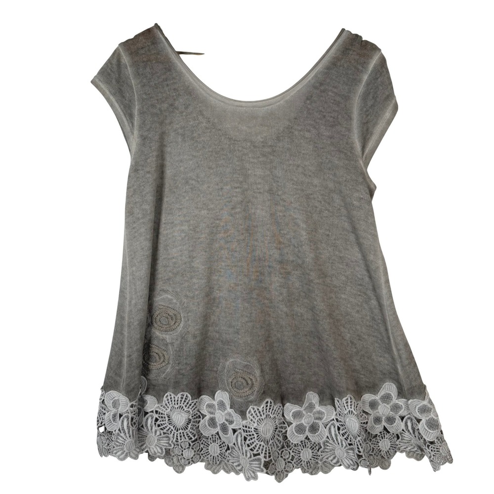 Unbranded Lace Hem Knit Top Womens L Gray Boho Floral Crochet Embroidered Scoop